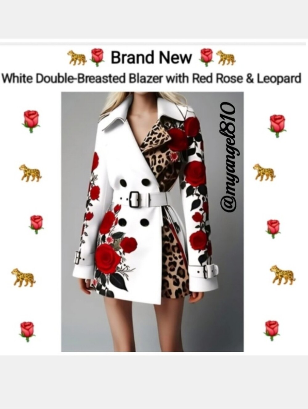 White Double-Breasted Blazer with Red Rose & Leopard Print, Size XL - Picture 7 of 7